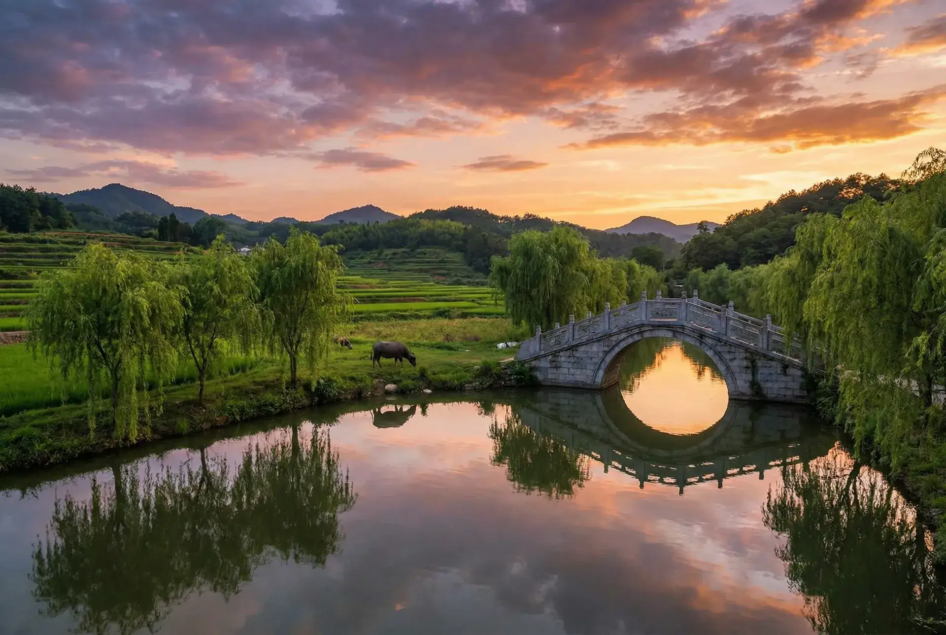 夕阳下的石拱桥与垂柳，水牛在河边吃草 - 销魂玉1 乡村美景